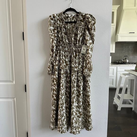 HYACINTH HOUSE  Olive Floral Renee Ruffle Midi Dress Size XS - Picture 2 of 8